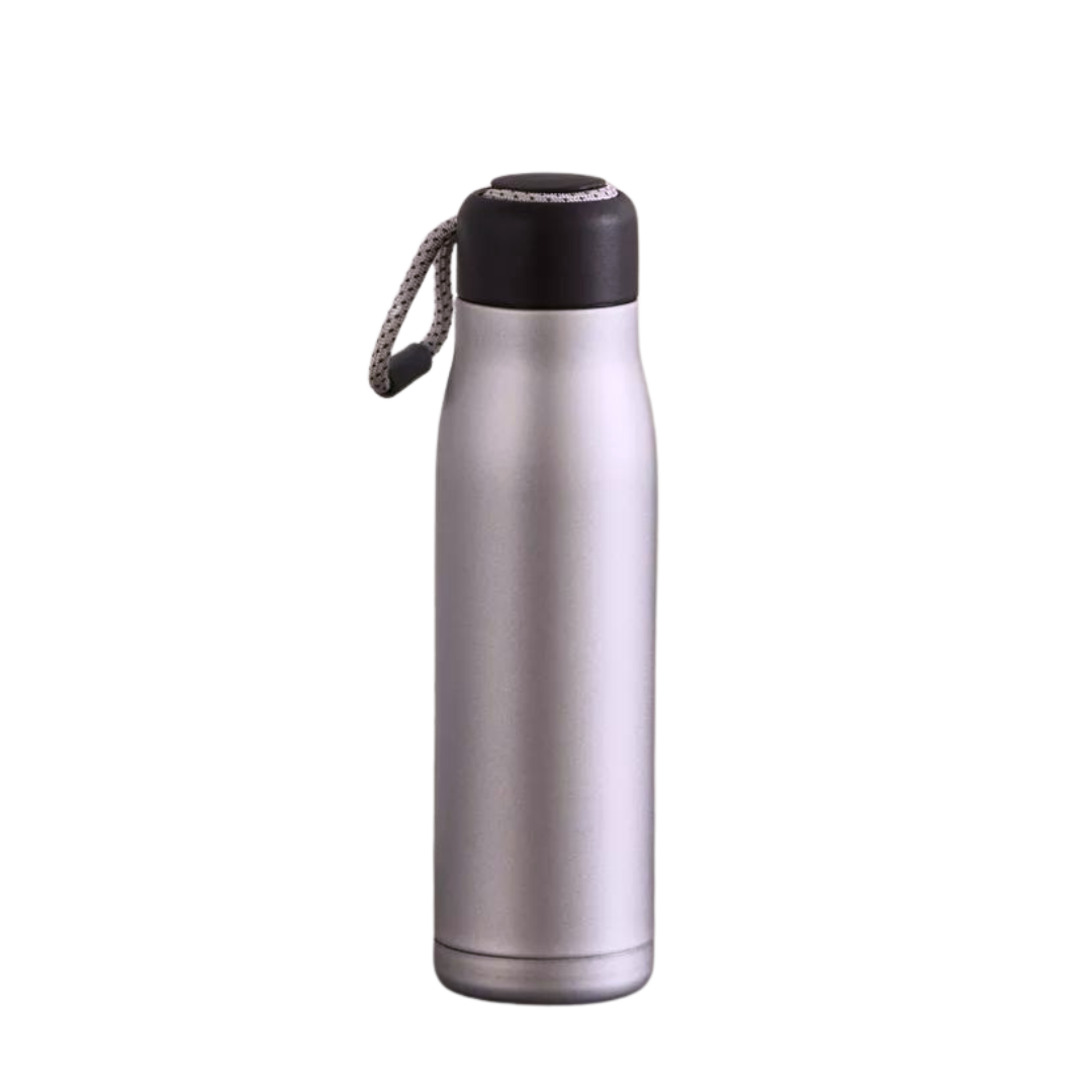 Sleek, silver stainless steel water bottle with a black carry handle, perfect for hot or cold drinks.