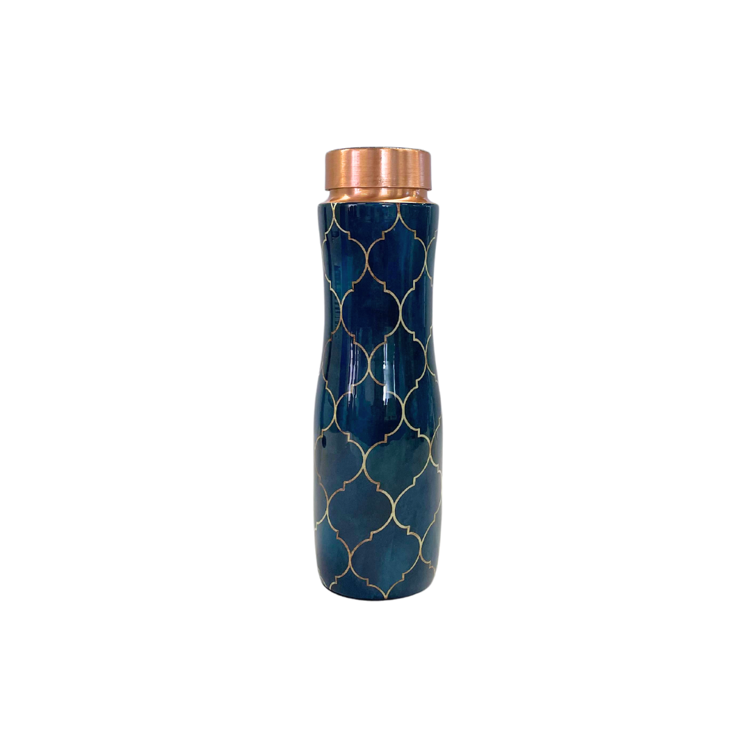 Pure Copper Water Bottle with Moroccan Design | 1L Bottle for Office, Yoga & Gym ( Navy Blue)