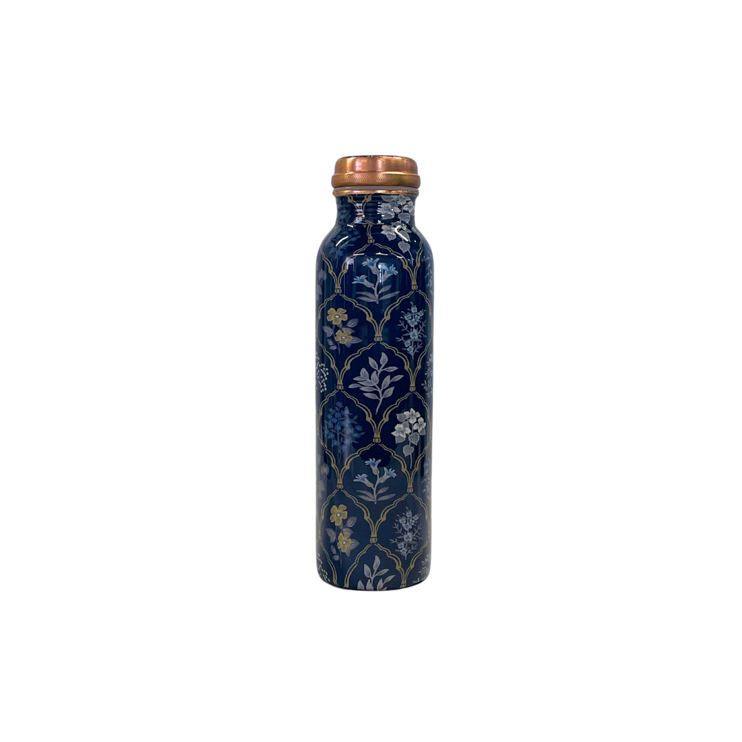 Floral Print Pure Copper Water Bottle | 1L Bottle for Office, Home and Travel (Blue)