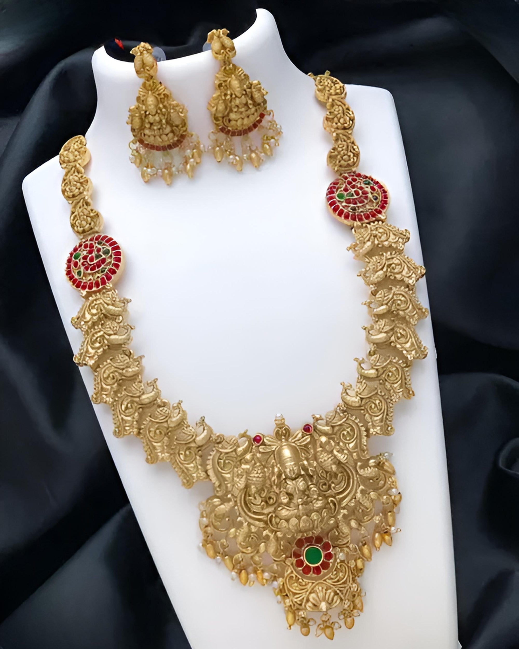 Traditional Temple Design Gold Necklace Set, Red and Green Stone Accents - Bridal Jewelry, Traditional Indian Wedding Jewelry (Set of 2)