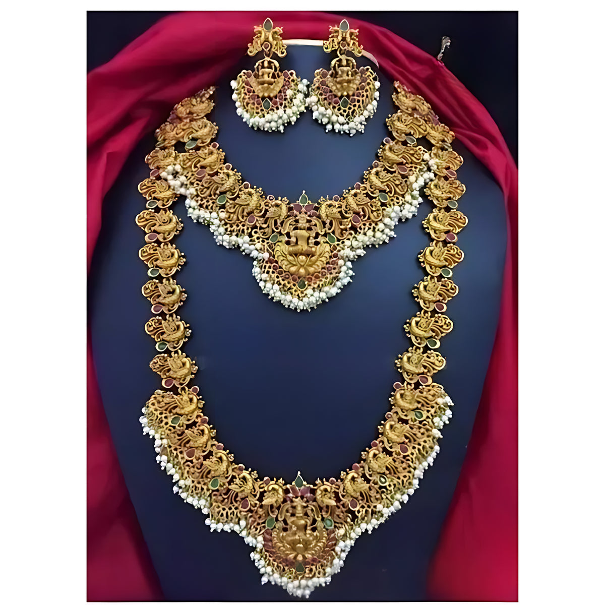 Regal Lakshmi Temple Jewelry Set - Gold-Plated Necklace and Earrings, Pearl Clusters, Traditional Indian Wedding Jewelry (Set of 2)