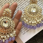 Exquisite Kundan-Inspired Chandelier Earrings, Pearl and Purple Accents, Traditional Indian Wedding Jewelry (Set of 1)