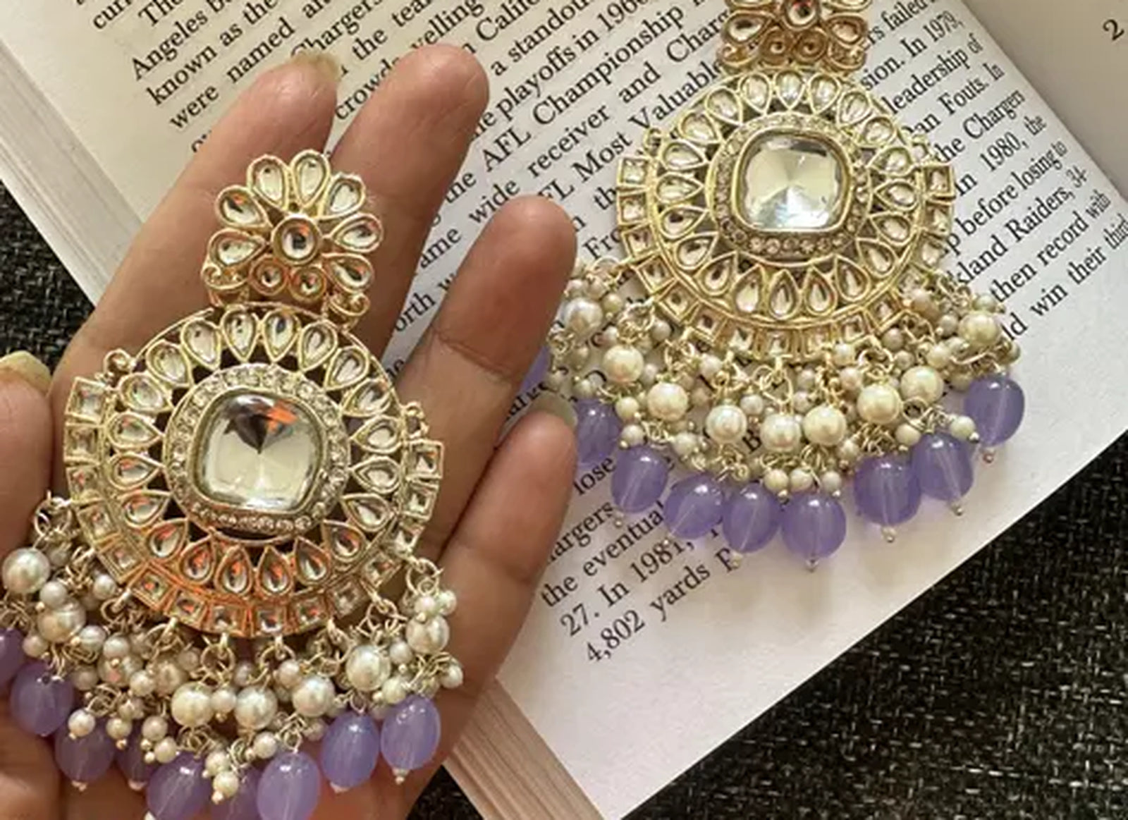 Exquisite Kundan-Inspired Chandelier Earrings, Pearl and Purple Accents, Traditional Indian Wedding Jewelry (Set of 1)