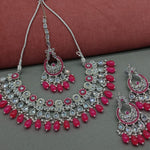 Elegant Magenta and Silver Indian Bridal Jewelry Set, Kundan and Beads, Traditional Indian Wedding Jewelry (Set of 2)