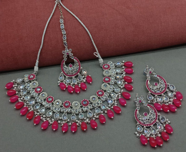 Elegant Magenta and Silver Indian Bridal Jewelry Set, Kundan and Beads, Traditional Indian Wedding Jewelry (Set of 2)