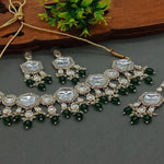 Elegant Kundan-Style Green and White Necklace, Earrings, and Tikka Set, Traditional Indian Wedding Jewelry (Set of 2)