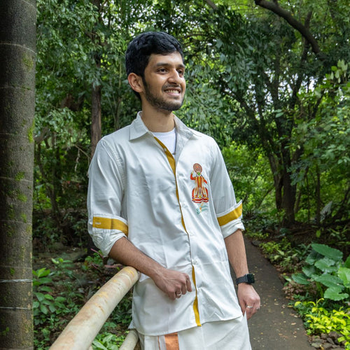 Red Kathakali, Full Sleeve With Zari Shirt, Men's Kerala Shirt, Elegant Cotton Shirt for Traditional wear (Size 40, Off White)