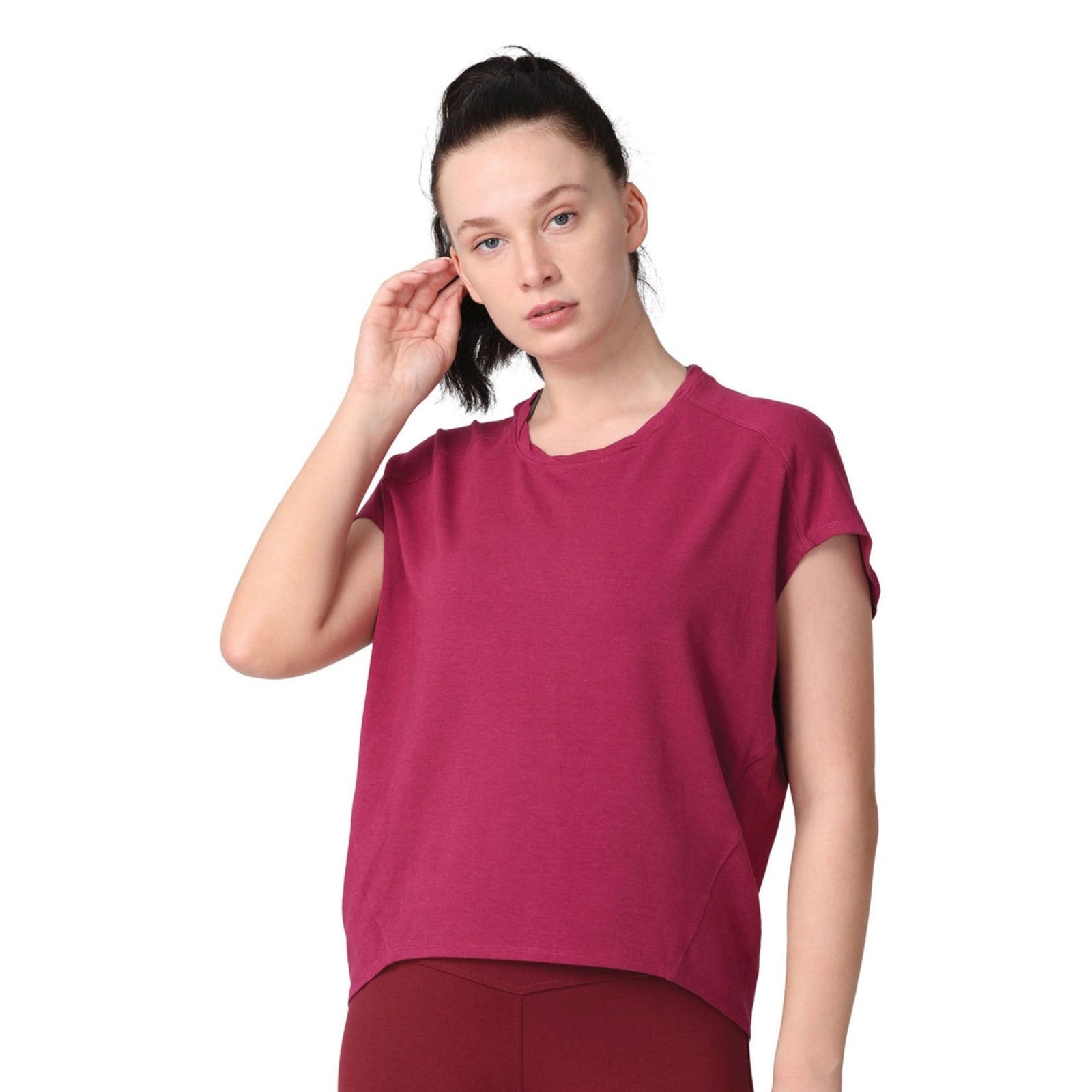 Loose Fit Yoga Top with Organic Cotton & Bamboo Blend | Workout T-Shirt with Bat-Wing Sleeves & Twisted Neckline Design | Raspberry