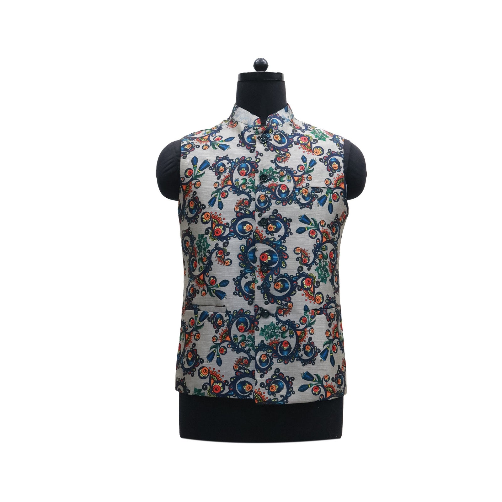 Handmade Nehru jacket with colorful floral paisley print on a mannequin. Perfect for Indian ethnic events and parties.