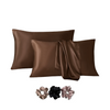 Satin Pillow Cover with 3 Silk Scrunchies | Standard Size Pillowcases for Hair & Skin Care ( Set of 2, Coffee)