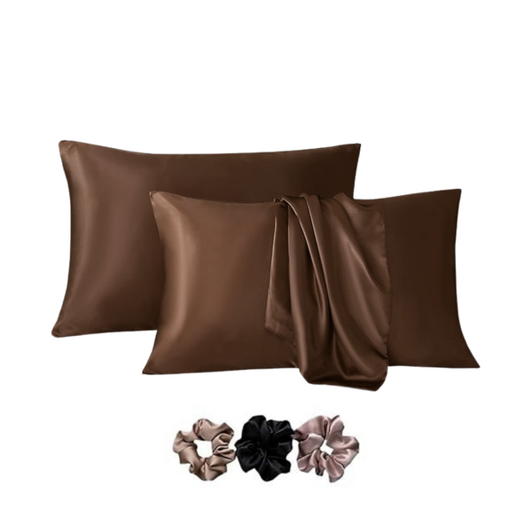 Satin Pillow Cover with 3 Silk Scrunchies | Standard Size Pillowcases for Hair & Skin Care ( Set of 2, Coffee)