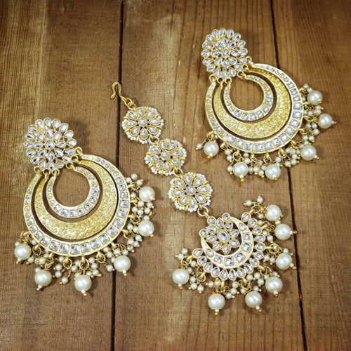 Elegant Gold-Plated Kundan Pearl Chandbali Earrings, Maang Tikka â€“ Traditional Bridal Jewelry Set, Traditional Indian Wedding Jewelry (Set of 1)