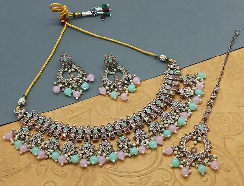 Elegant Pastel Kundan Bridal Set, Mint and Rose Quartz Beads - Indian Wedding Jewelry, Traditional Indian Wedding Jewelry (Set of 2)