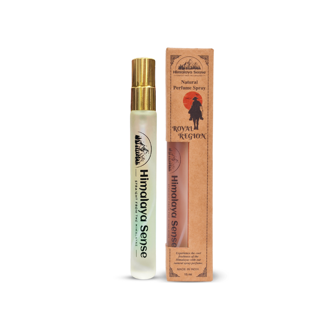 Himalaya Sense Royal Region natural perfume spray in a 15ml bottle. Experience the cool freshness of the Himalayas.