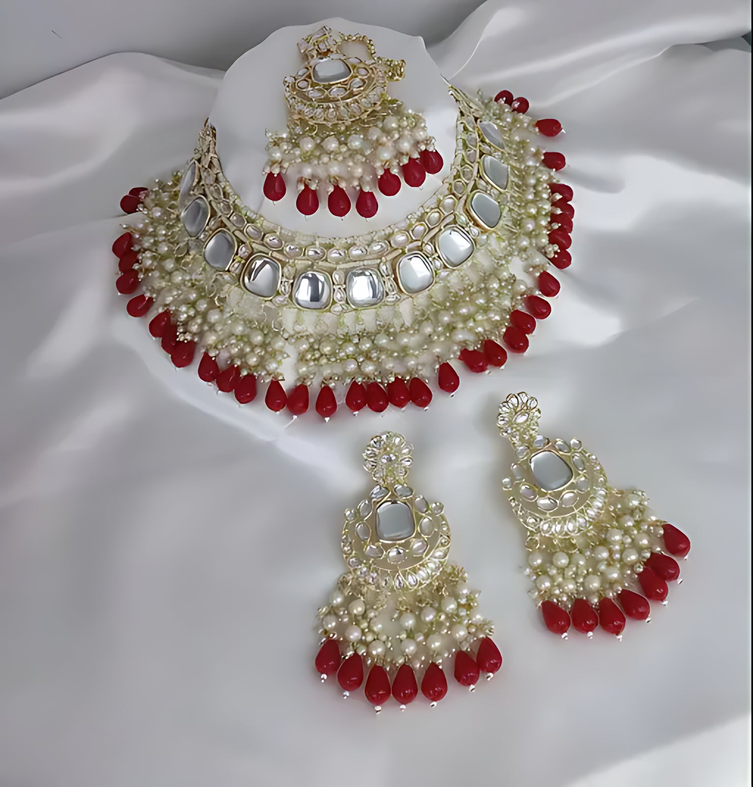 Luxurious Kundan Choker Set, Pearl and Red Bead Accents - Traditional Indian Bridal Jewelry, Traditional Indian Wedding Jewelry (Set of 2)