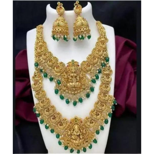 Opulent Gold-Plated Temple Jewelry Set, Emerald Accents - Bridal Necklace, Long Chain, and Jhumka Earrings, Traditional Indian Wedding Jewelry (Set of 2)