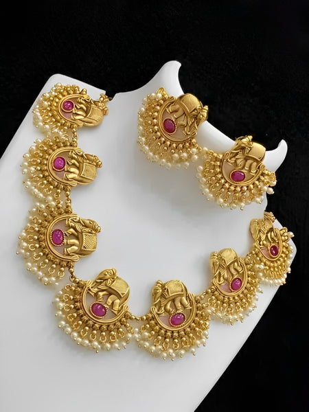 Exquisite Elephant Motif Gold Necklace Set, Pearl Accents - Traditional Indian Jewelry, Special Occassion, Indian Look (Set of 2)