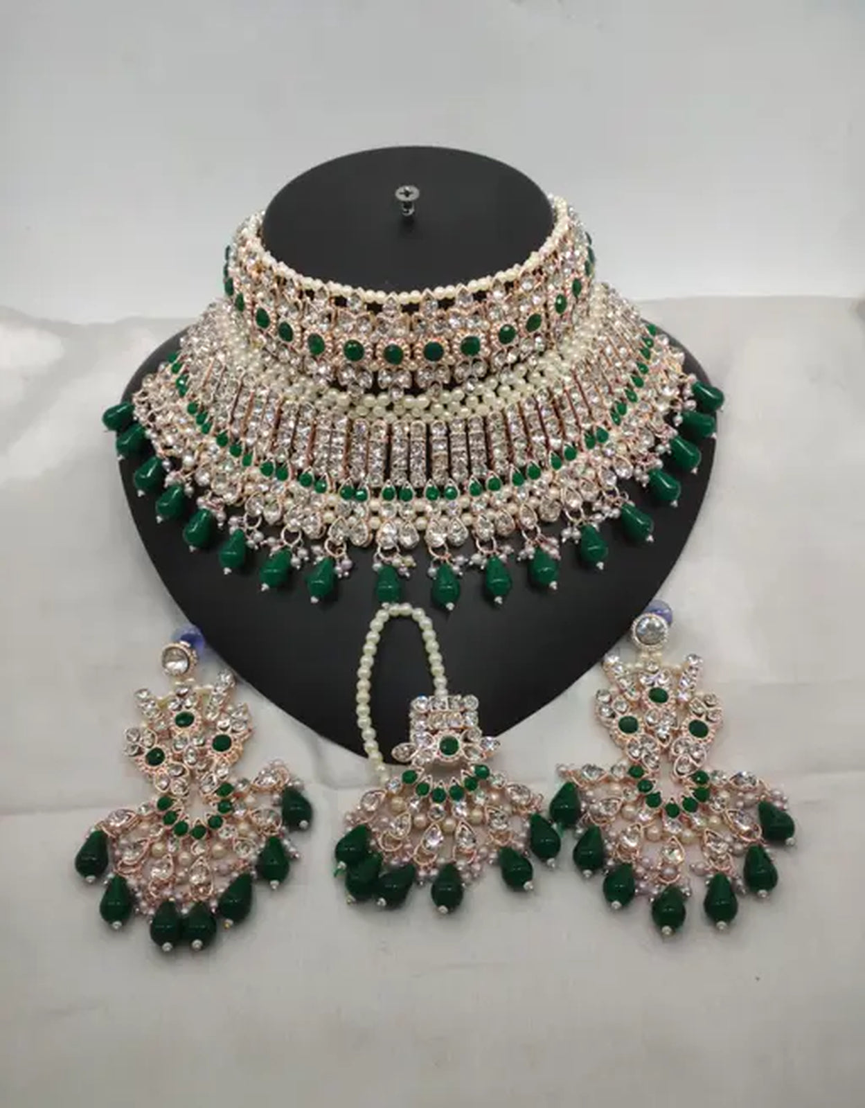 Exquisite Crystal and Pearl Bridal Choker, Matching Earrings and Tikka, Traditional Indian Wedding Jewelry (Set of 2)