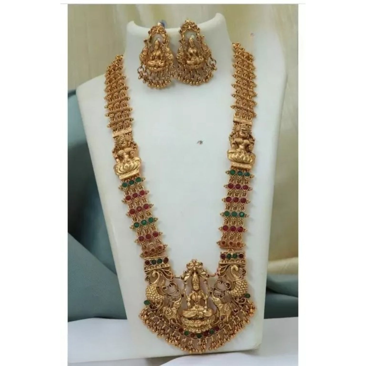 Regal Gold-Plated Lakshmi Temple Jewelry Set - Antique Finish Long Necklace and Jhumka Earrings, Traditional Indian Wedding Jewelry (Set of 2)