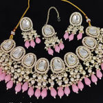 Kundan Choker Necklace Set, Pink Beads and Pearls - Traditional Indian Wedding Jewelry, Traditional Indian Wedding Jewelry (Set of 2)