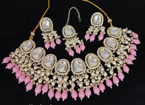 Kundan Choker Necklace Set, Pink Beads and Pearls - Traditional Indian Wedding Jewelry, Traditional Indian Wedding Jewelry (Set of 2)