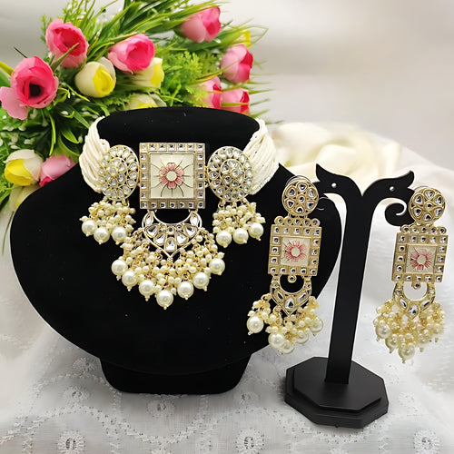 Regal Kundan Meena Necklace and Earrings Set, White Beads -Exquisite Indian Bridal Jewelry Collection, Traditional Indian Wedding Jewelry (Set of 2)