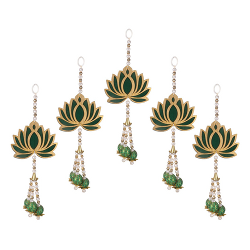 Lotus Wall Hanging Set with Jhumki Style & Beads | 9-Inch Decorative Flower Hangings for Home DÃ©cor (Set of 5, Green)