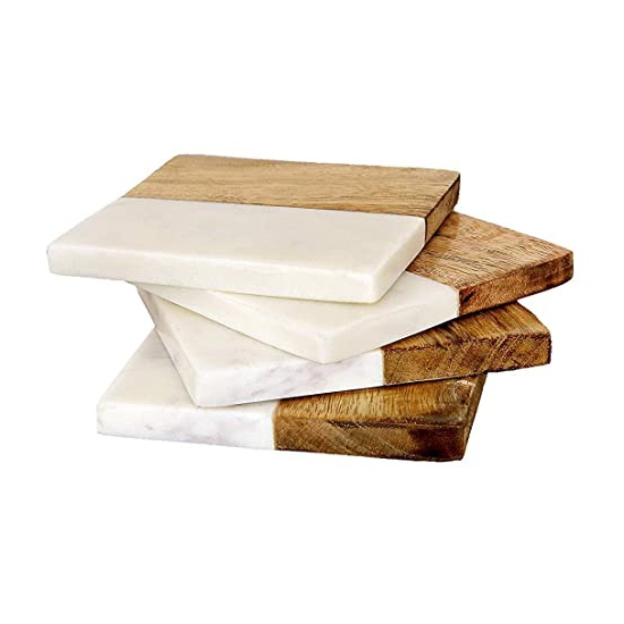 White Marble & Brown Wood Square Coasters - Elegant Anti-Skid Heat-Resistant Home Accessories, Protect surfaces and Ideal for Serving Drinks, Coffee or Tea, (10x10 cm) Set of 4