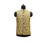 Gold floral Nehru jacket, an Indian ethnic vest for men, perfect for parties or themed events.