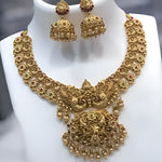 Antique Gold-Plated Peacock Design Traditional Temple Choker Pearl Drops & Jhumka Earrings Necklace Jewelry Set, Traditional Indian Wedding Jewelry (Set of 2)