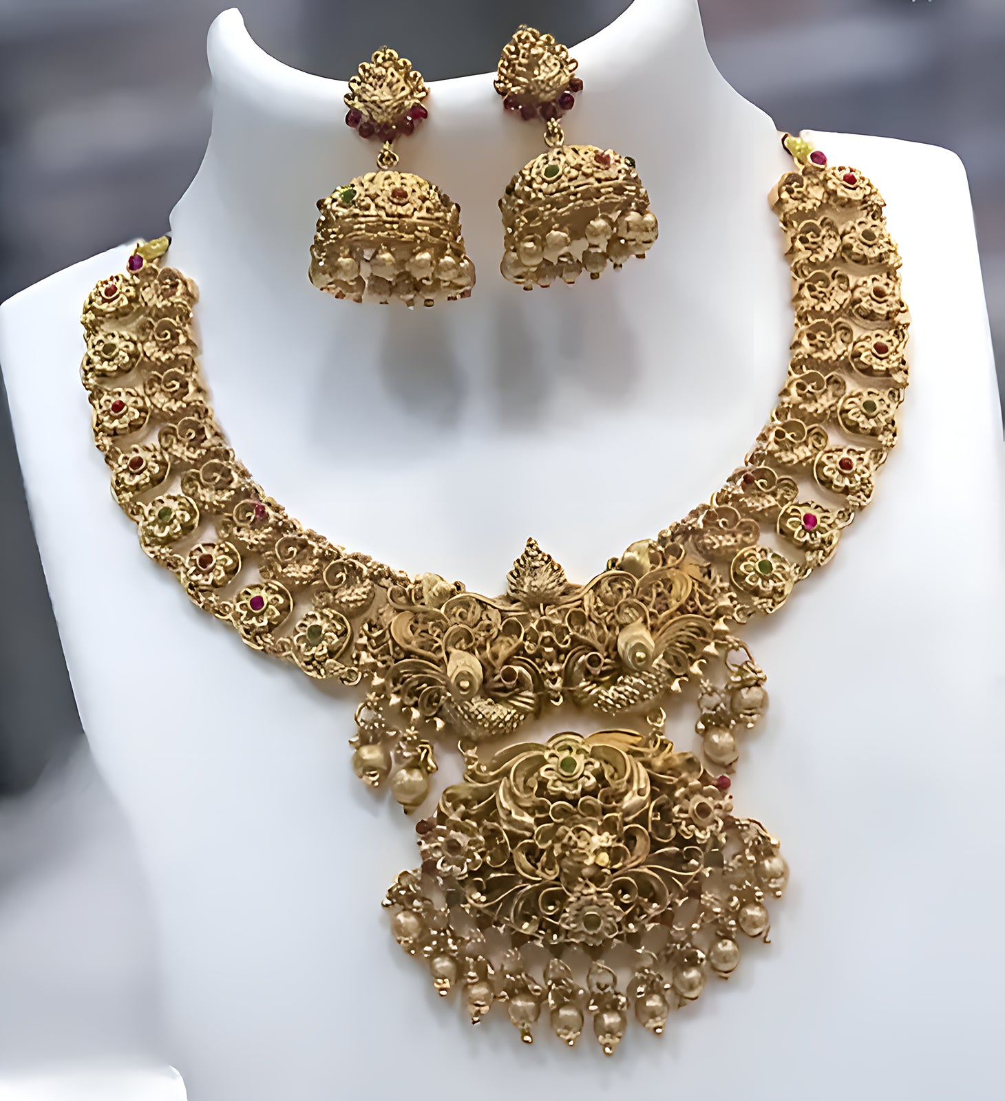 Antique Gold-Plated Peacock Design Traditional Temple Choker Pearl Drops & Jhumka Earrings Necklace Jewelry Set, Traditional Indian Wedding Jewelry (Set of 2)