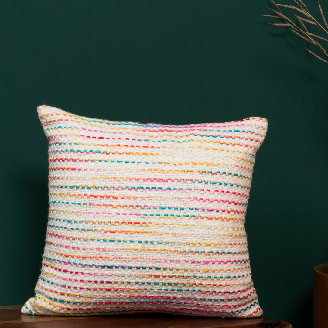 Handwoven Bright Horizon Cotton Cushion Cover with zipper closure