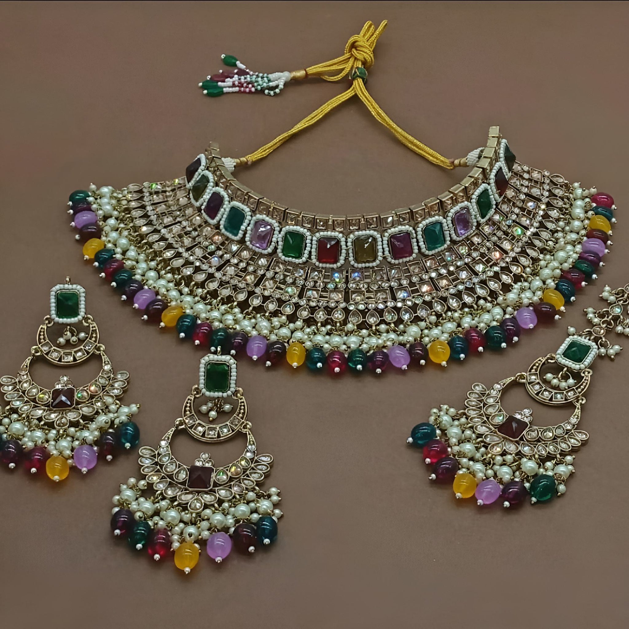 Exquisite Pearl and Jewel-Encrusted Bridal Jewelry Set, Traditional Indian Wedding Jewelry (Set of 3)