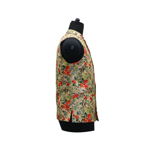 Ivory Nehru Jacket with Red and Green Floral Print | Stylish Sleeveless Waistcoat for Weddings & Festive Events