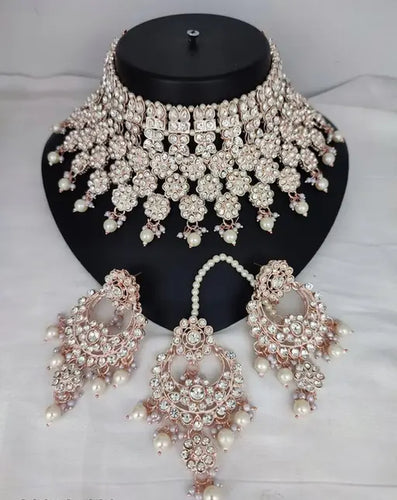 Luxurious Silver-Plated Bridal Jewelry Set, White Accents, Traditional Indian Wedding Jewelry (Set of 2)