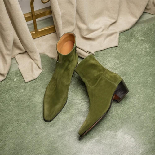 Green Suede Leather Fiorina Slip on Boots, Premium Leather, Brogue Pattern, Comfortable Fit, Handcrafted Detailing, Vintage Aesthetic