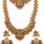 Gold-Plated Traditional Goddess Lakshmi Temple Jewellery Bridal Set, Ruby Stone Long Haram Double Necklace Set, Traditional Indian Wedding Jewelry (Set of 2)