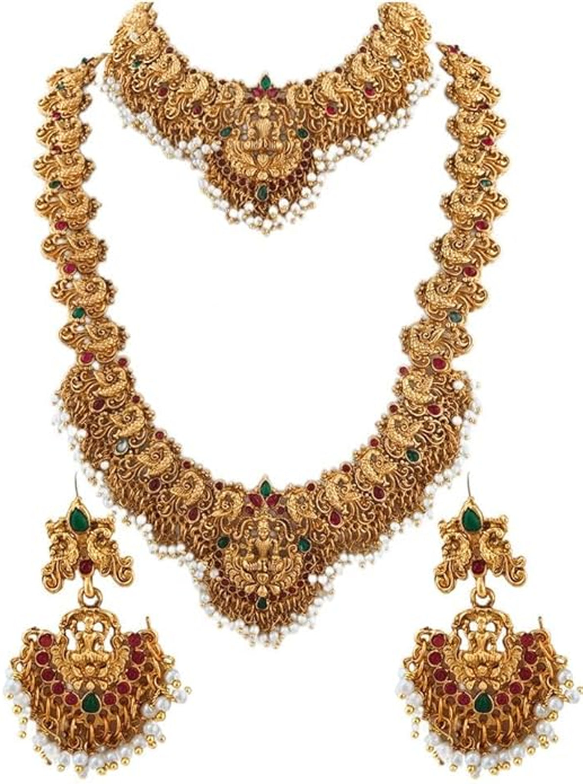 Gold-Plated Traditional Goddess Lakshmi Temple Jewellery Bridal Set, Ruby Stone Long Haram Double Necklace Set, Traditional Indian Wedding Jewelry (Set of 2)