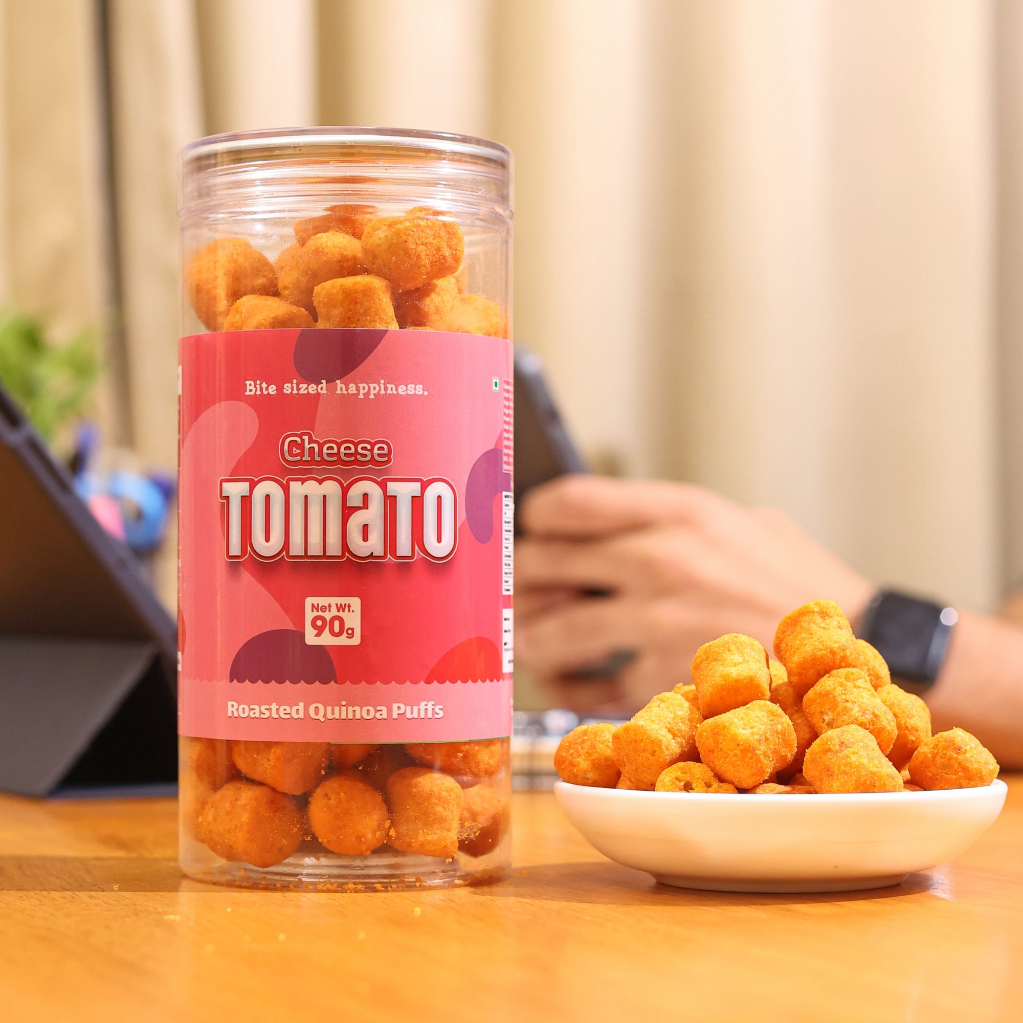 Crack A Nut's Cheese Tomato Roasted Multi-Grain Puffs, Savory & Healthy Snack, Packed with Protein & Low in Sugar, Lightly Roasted Multi-Grain Goodness, Perfect for Cravings & Guilt-Free Indulgence, 100g.