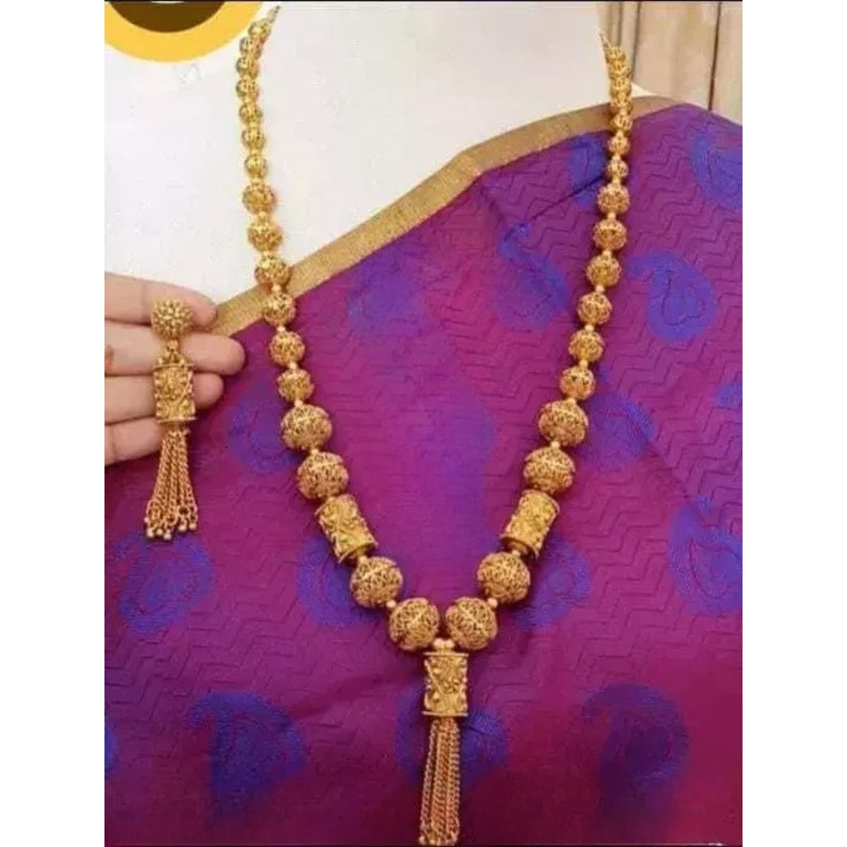 Elegant Gold Beaded Tassel Necklace - Traditional Indian Long Chain Jewelry, Traditional Indian Wedding Jewelry (Set of 2)