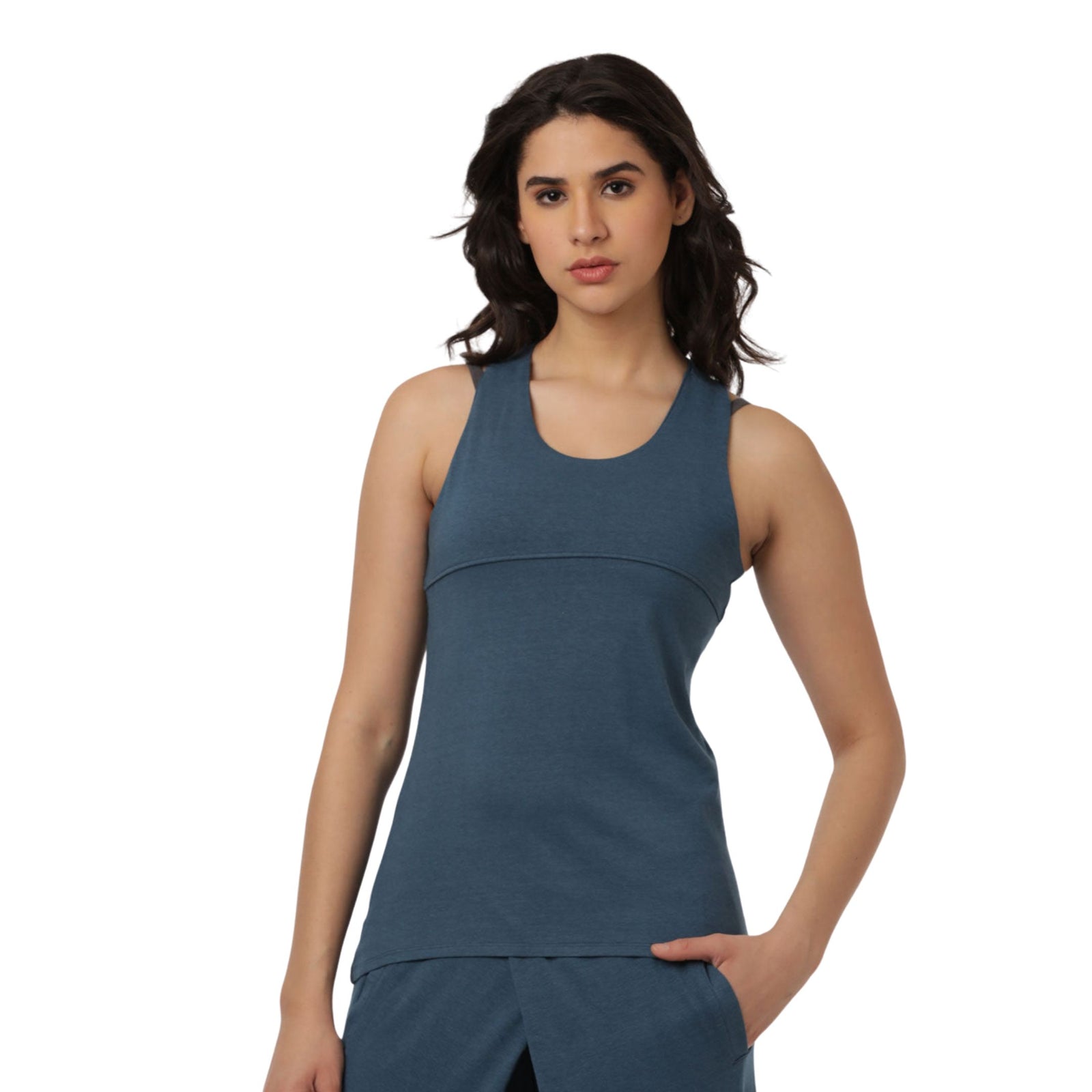 Eco-Friendly Sleeveless Yoga Top with Deep Racer Back & & Hi-Lo Hem | Organic Cotton & Bamboo Blend Tank Top for Workouts and Casual Wear | Dive Blue