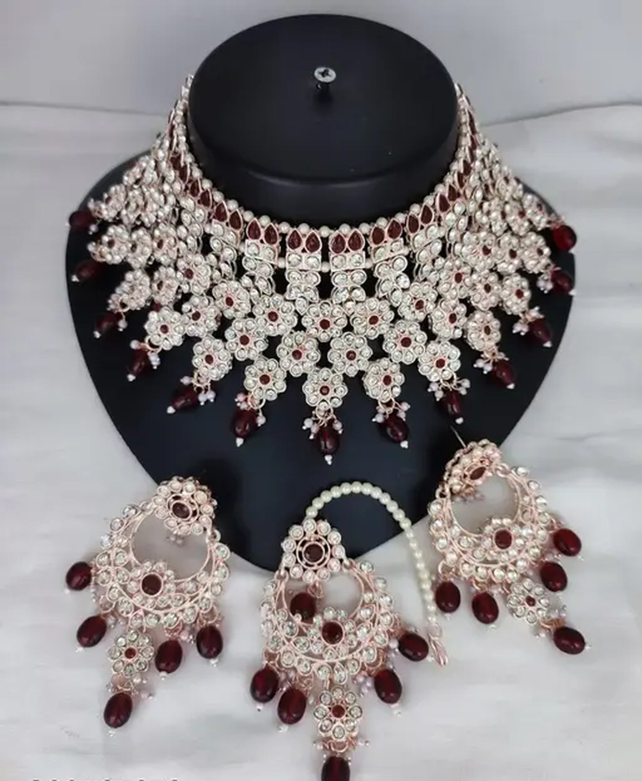 Luxurious Silver-Plated Bridal Jewelry Set, Ruby Red Accents, Traditional Indian Wedding Jewelry (Set of 2)