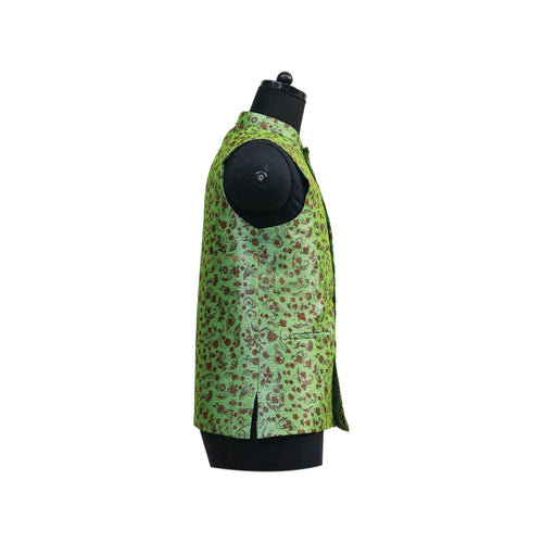 Light Green Nehru Jacket with Brown Floral Print | Stylish Sleeveless Vest for Weddings & Festive Occasions