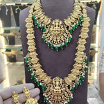 Exquisite Traditional Gold-Plated Necklace Set, Emerald Beads, Traditional Indian Wedding Jewelry (Set of 2)