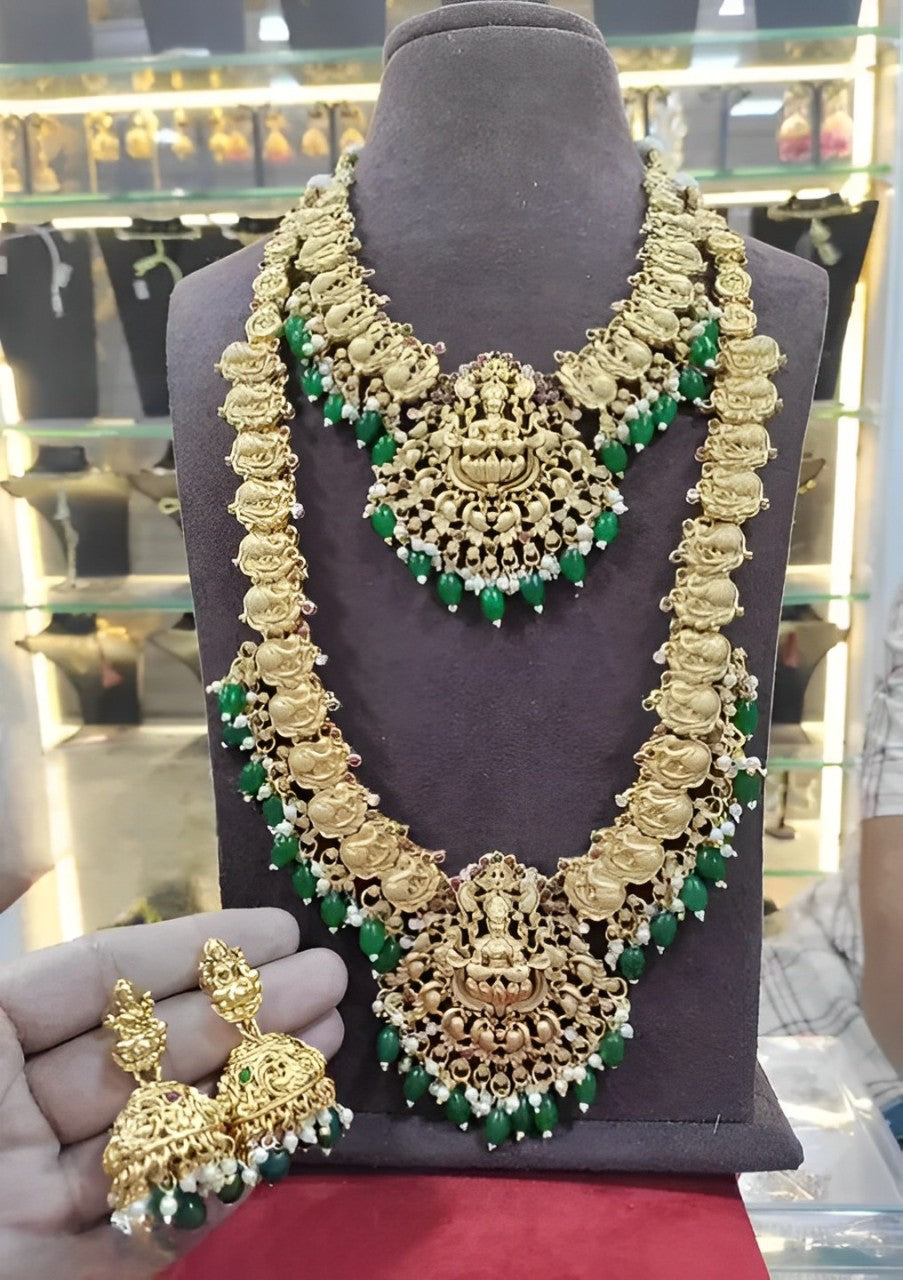 Exquisite Traditional Gold-Plated Necklace Set, Emerald Beads, Traditional Indian Wedding Jewelry (Set of 2)