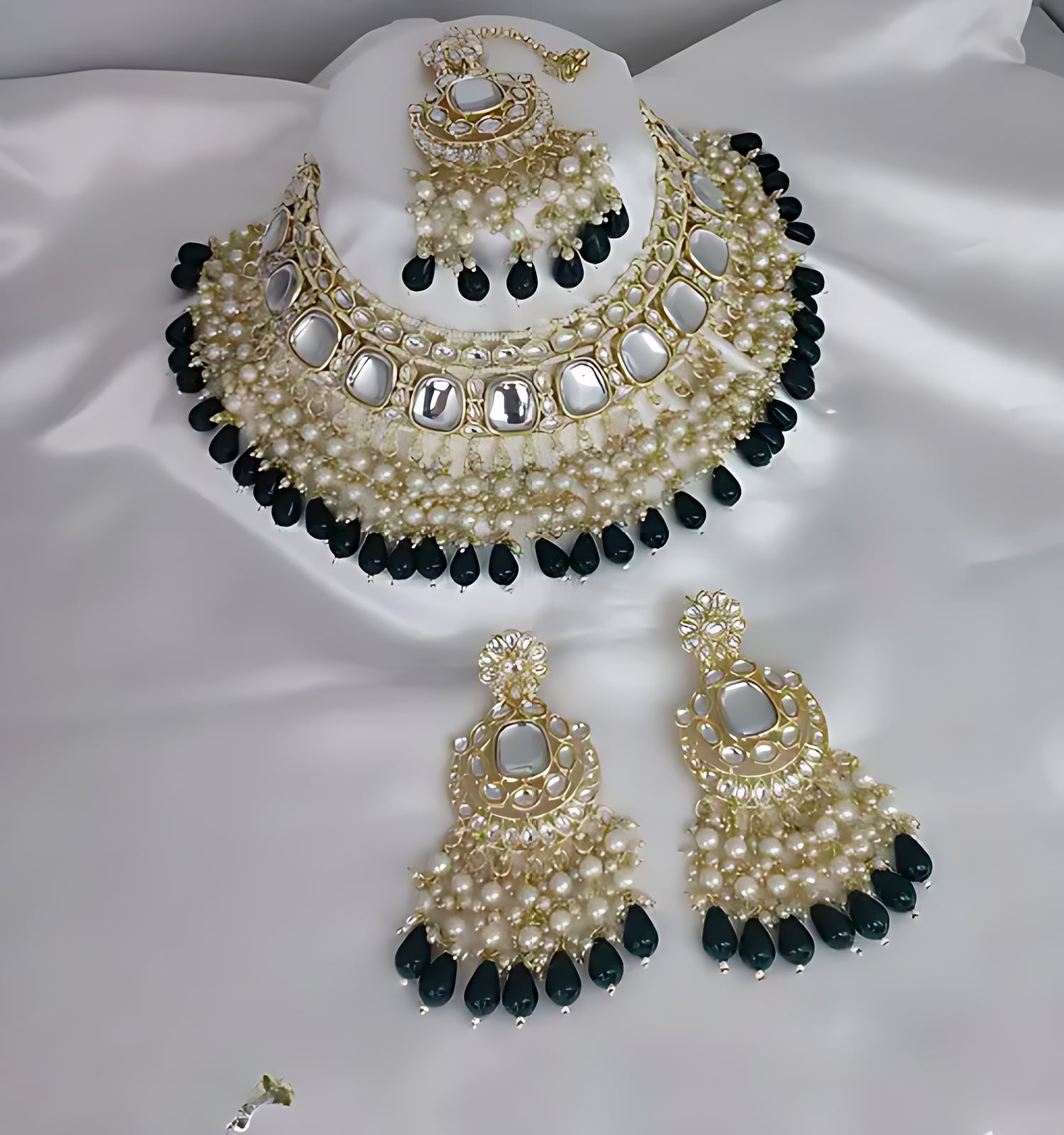 Luxurious Kundan Choker Set, Pearl and Black Bead Accents - Traditional Indian Bridal Jewelry, Traditional Indian Wedding Jewelry (Set of 2)