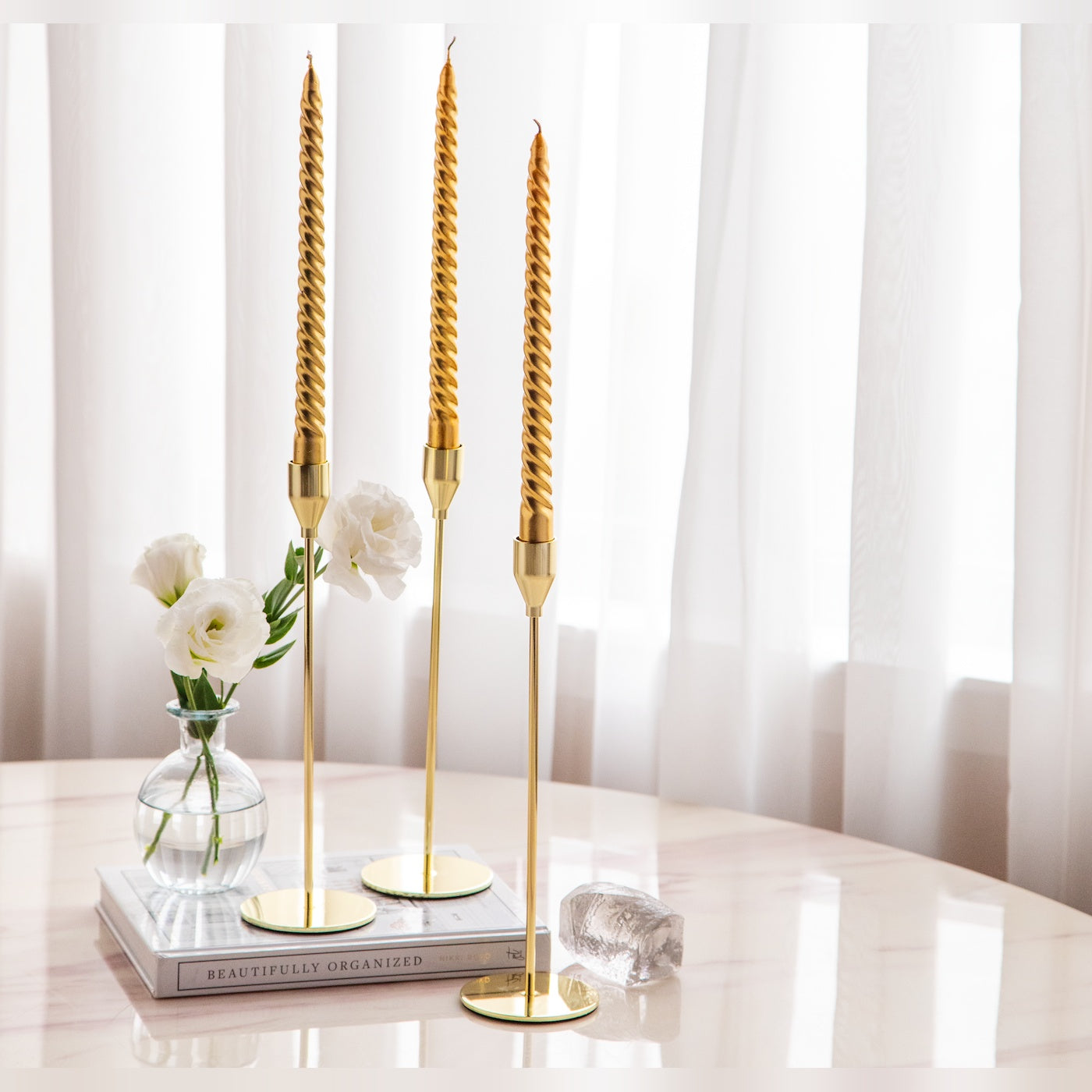 Rio Candle Holder & Candles Set, Includes 1 Sleek Golden Candle Holder and 4 Twisted Taper Candles, Corrosion-Free Metal with Anti-Slip Base, Perfect for Dining, Living Room Décor, and Special Occasions