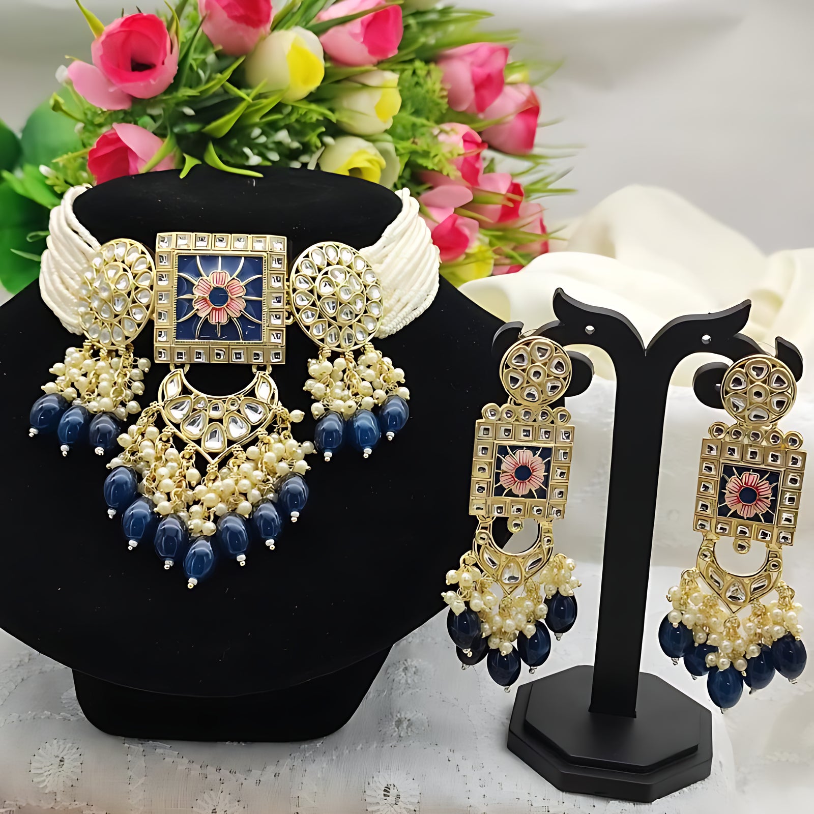 Regal Kundan Meena Necklace and Earrings Set, Blue Beads -Exquisite Indian Bridal Jewelry Collection, Traditional Indian Wedding Jewelry (Set of 2)