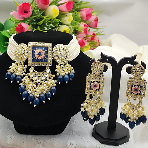 Regal Kundan Meena Necklace and Earrings Set, Blue Beads -Exquisite Indian Bridal Jewelry Collection, Traditional Indian Wedding Jewelry (Set of 2)