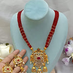 Elegant Red Pearl and Gold Kundan Necklace Set, Ornate Pendant, Traditional Indian Wedding Jewelry (Set of 2)